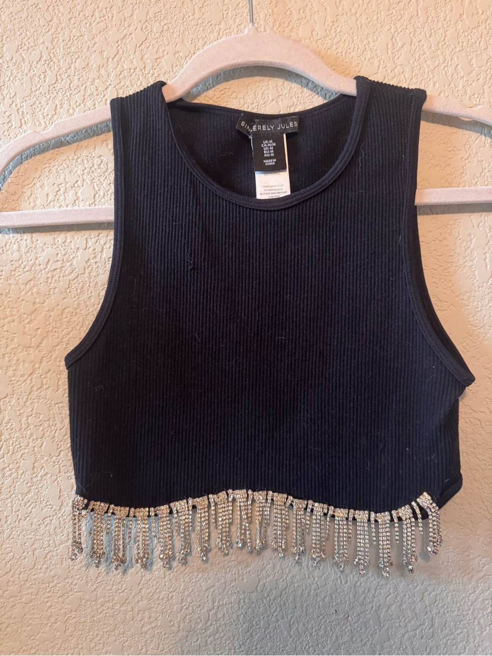 Sincerely Jules Black Ribbed Crop Tank with Silver Rhinestone Fringe